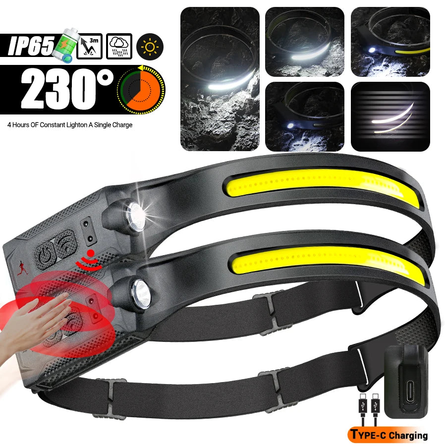 LED Sensor Headlamp | 5-Mode Rechargeable Head Torch | Camping