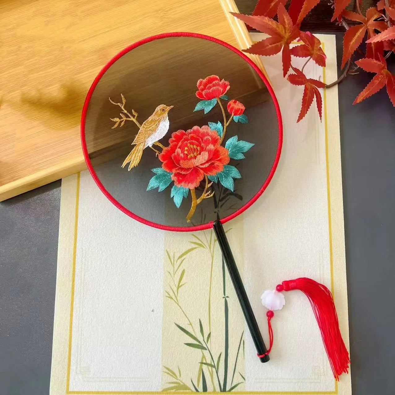 Chinese Silk Round Fan Double-sided Floral Embroidery Hand Fans