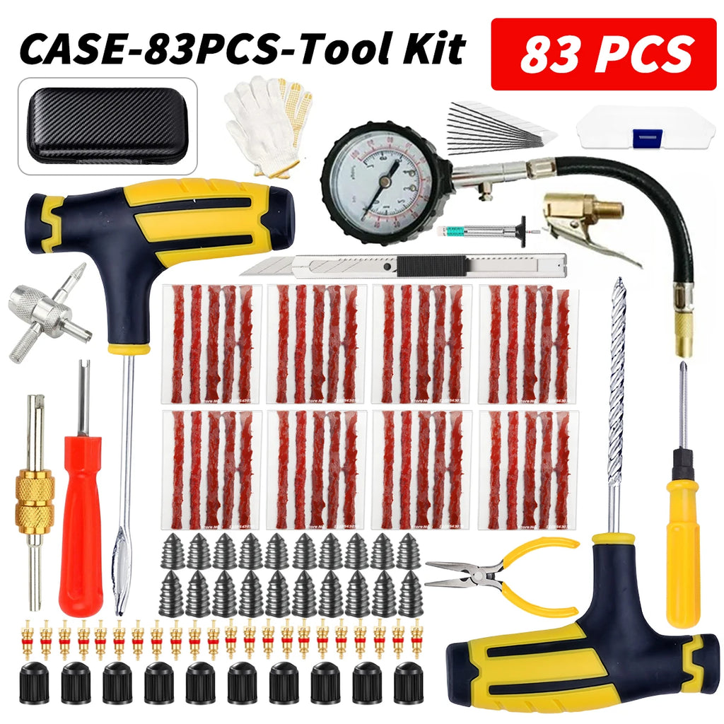 Car Tire Repair Kit Puncture Plug Tools Tyre Puncture Emergency for Universal Tire Strips Stiring Glue Repair Tool Kit Oasis Select CASE-83PCS-Tool Kit