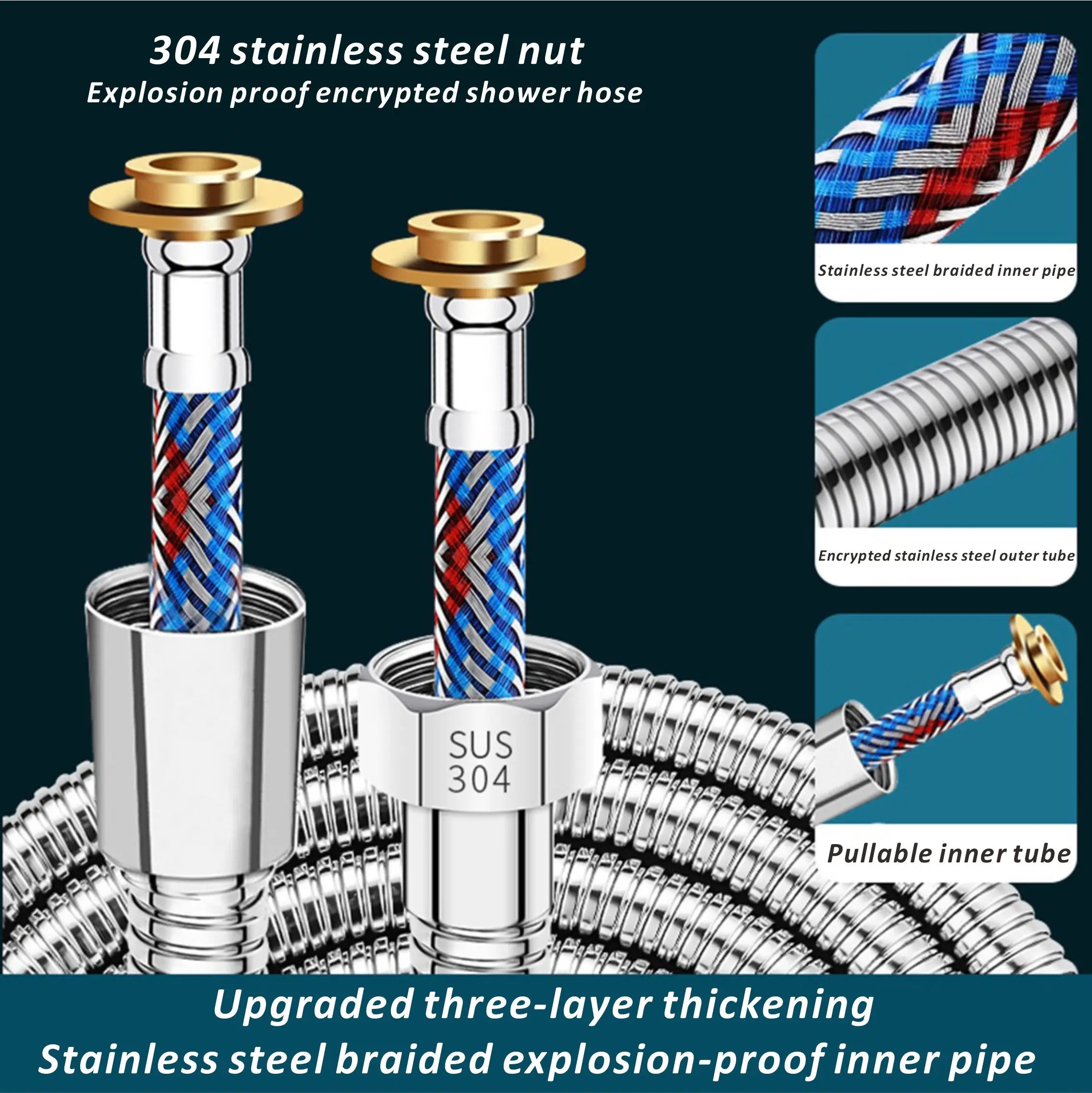 New 1.5/2/3M Black Stainless Steel Braided Inner Pipe Flexible Shower Hose Explosion-proof Bathroom Extension Shower Tube Oasis Select Silver 2.0M