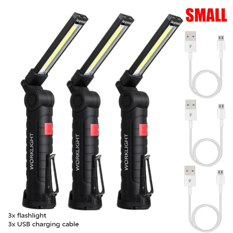 New Portable COB LED Flashlight USB Rechargeable Work Light Magnetic Lanterna Hanging Lamp with Built-in Battery Camping Torch Oasis Select Small 3pcs