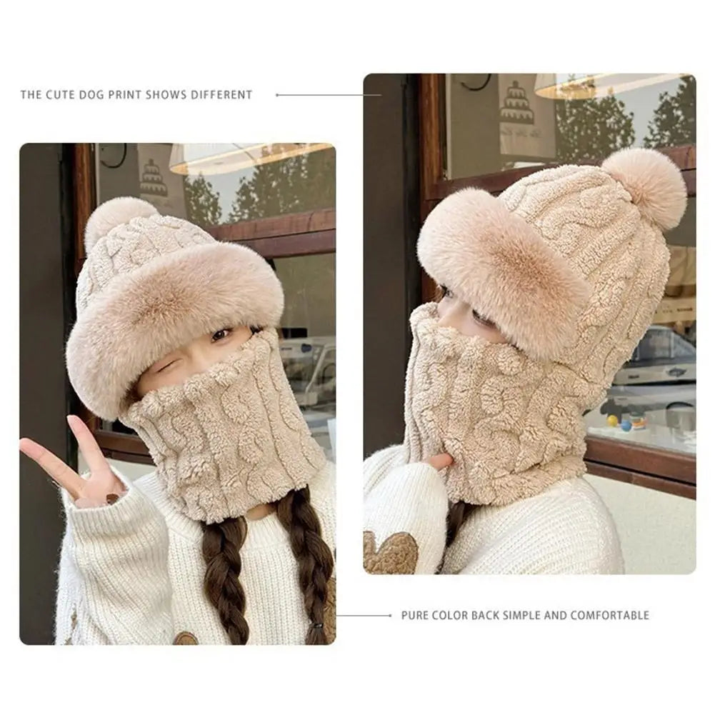 Winter Scarf Set Hooded for Women Plush Neck Warm Russia Outdoor Ski Windproof Hat Thick Plush Fluffy Beanies Cycling Cap Oasis Select
