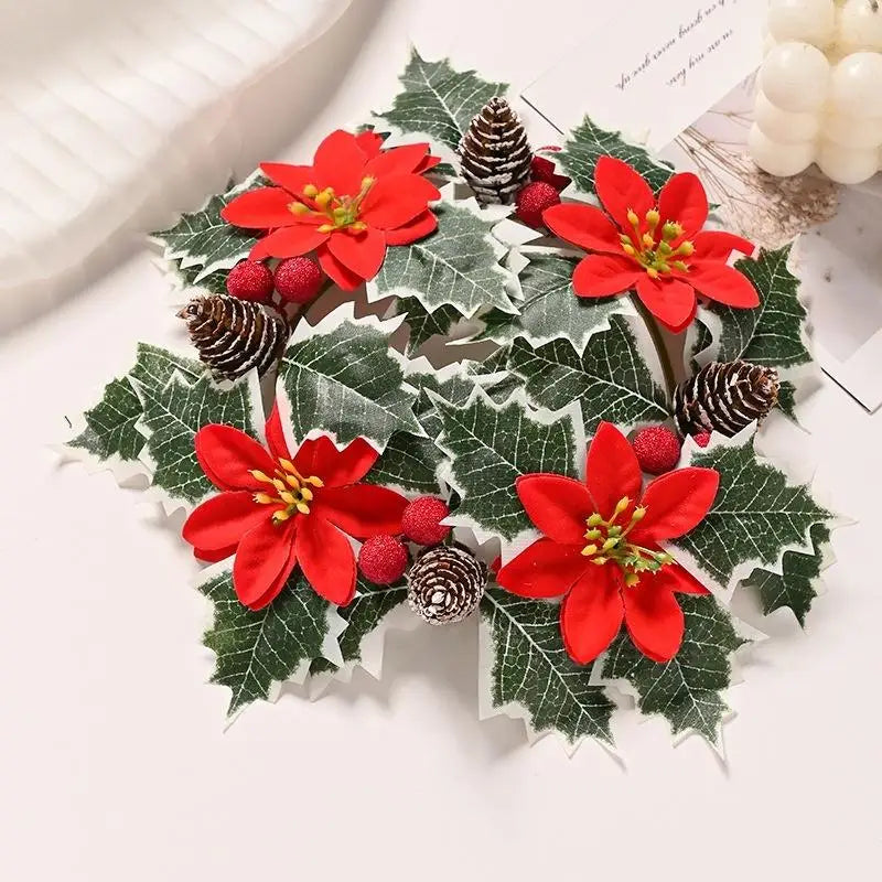 Christmas Candlestick Wreath Artificial Flowers Candle Ring Xmas New Year Table Decoration Candle Holder Garland Oasis Select
