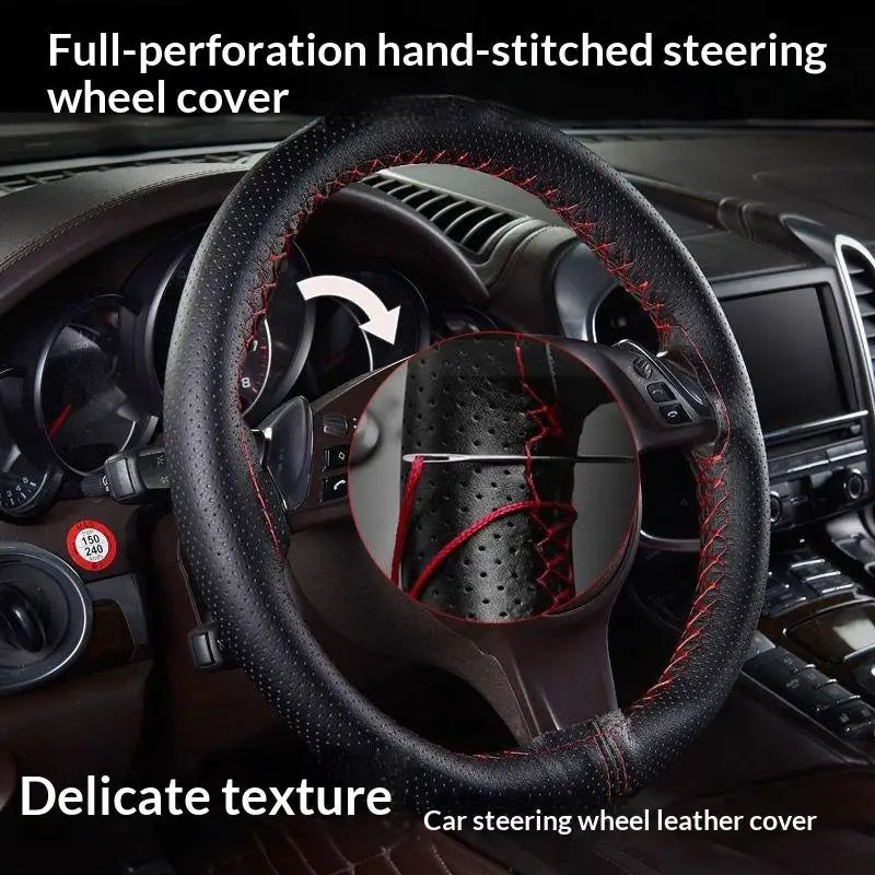 Hand Sewn Car Steering Wheel Protective Cover Leather Breathable Anti Slip Universal Suitable 38cm Elastic Band Texture Decor Oasis Select