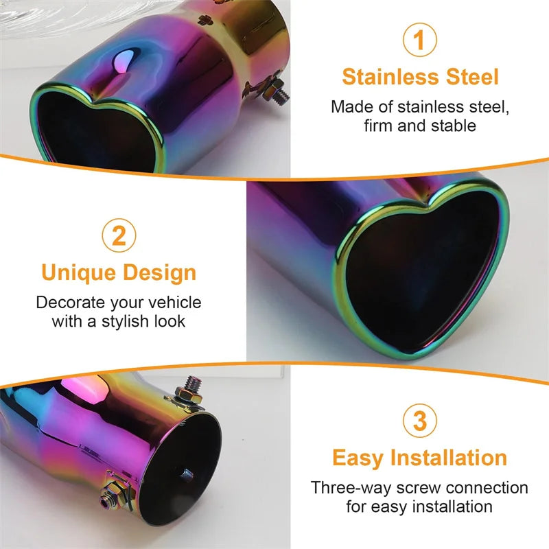 Car Parts New Design Heart Shape Style Car Accessories 2.5 Inch Stainless Steel Silver Colorful Exhaust Tips Muffler Tail Pipe Oasis Select