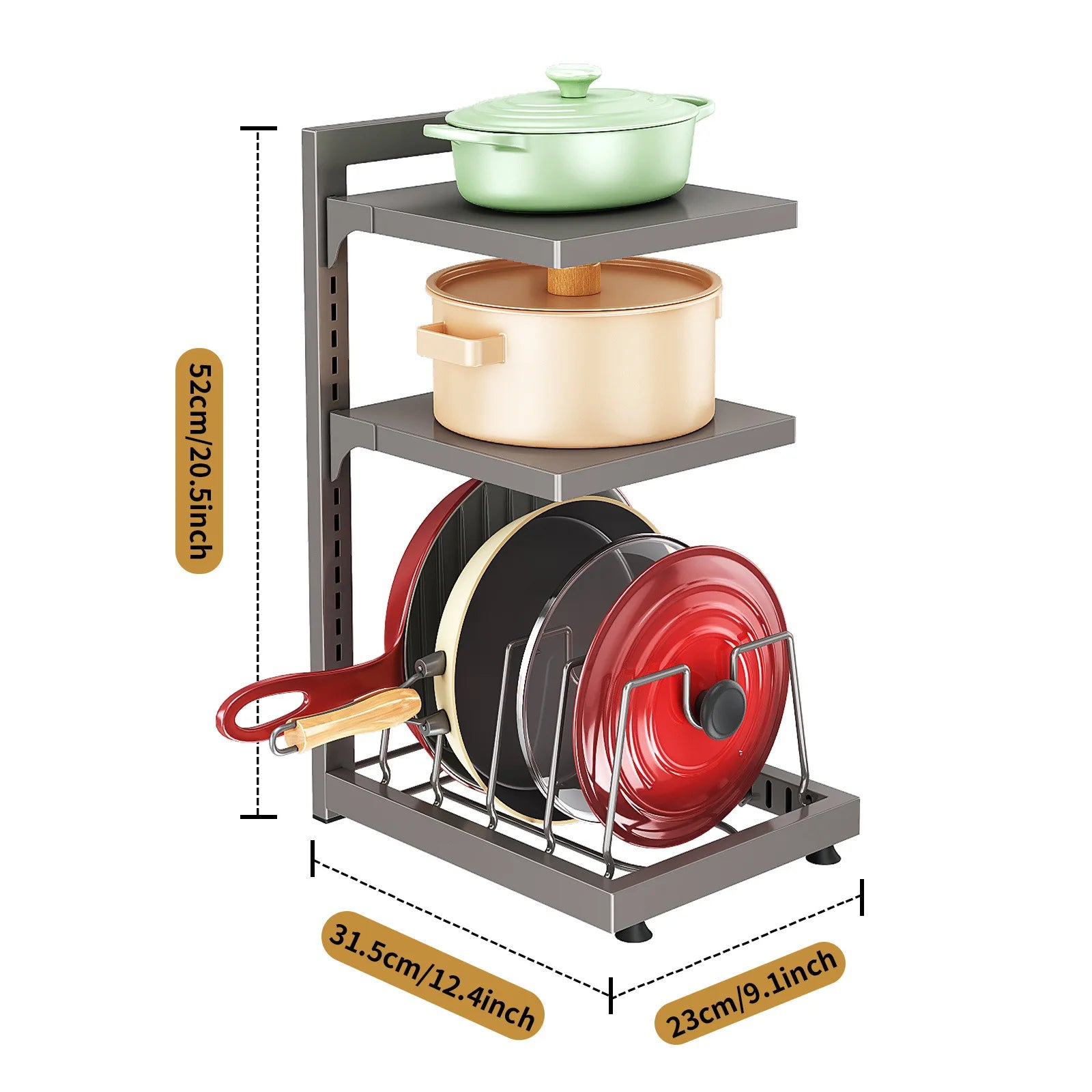 pot storage rack, cabinet countertop, layered vegetable preparation, pot lid rack, adjustable household multi-layer kitchen Oasis Select Grey three layers