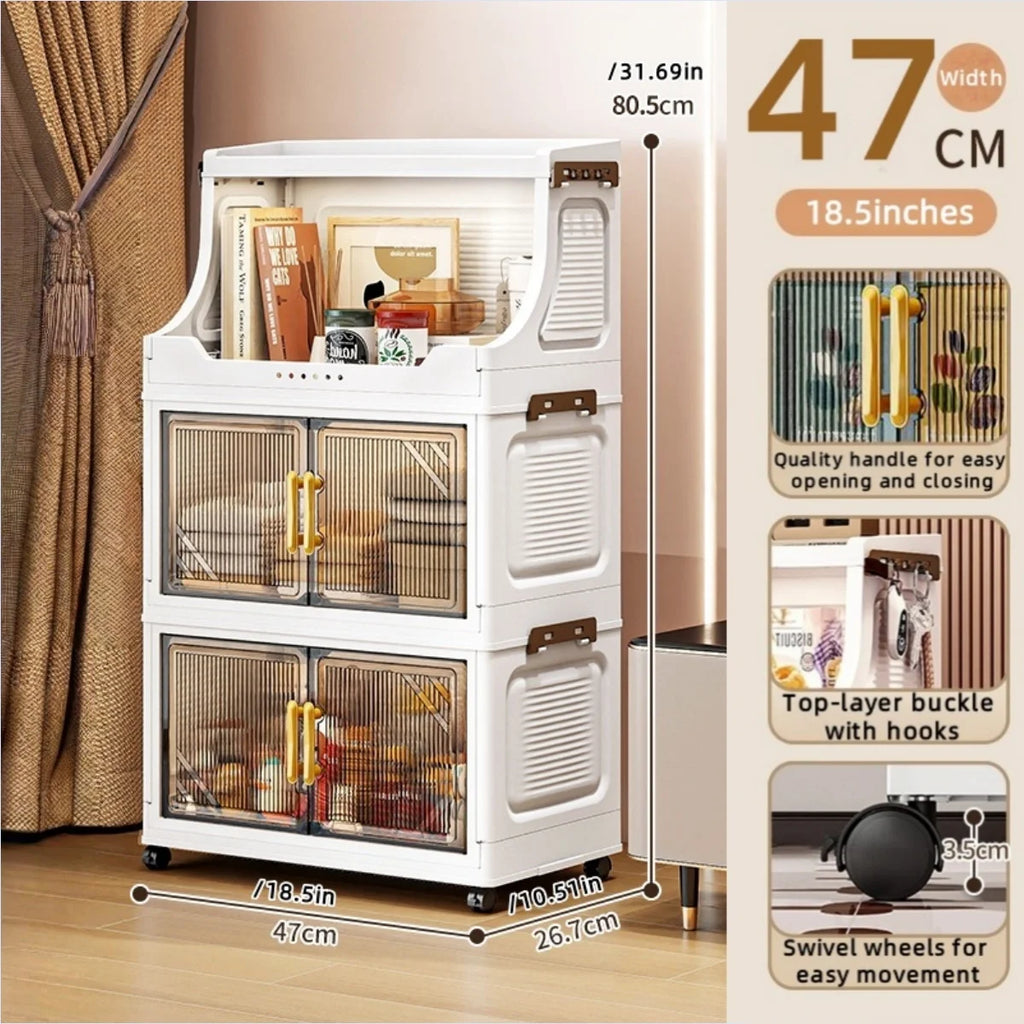 Large Foldable Flip-Top Transparent Storage Cabinet with Wheels - Space-Saving Mobile Organizer for Kitchen Bedroom Living Room Oasis Select 3 Tiers Clear Gray