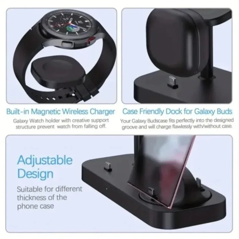 3 in 1 Wireless Charging Station Dual Coil Design 15W High Speed Charger Organizer for Desk Nightstand Samsung S24 S23 Devices Oasis Select