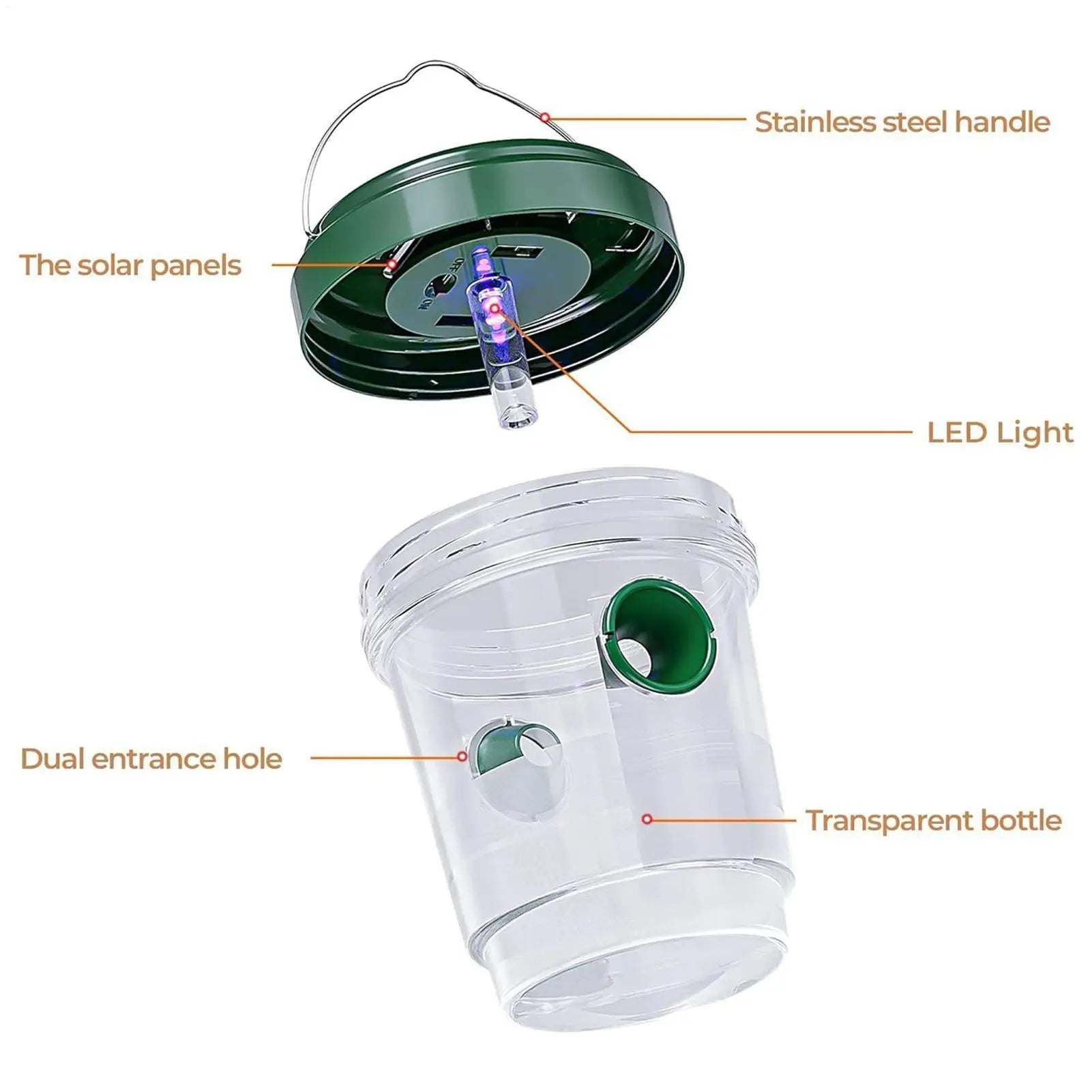 1PC Solar Wasp Traps Clear Waterproof Hanging Hornets Trap for Indoor Outdoor Reusable Garden Fruit Bee Flying Catcher Oasis Select