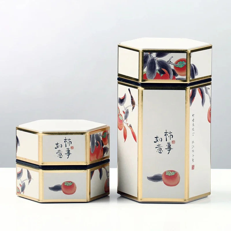 Creative Hexagonal Tea Pot Tin Can Chinese Tinplate Tea Storage Tank Small Sealed Portable Tea Box Empty Can Tea Set Accessories Oasis Select