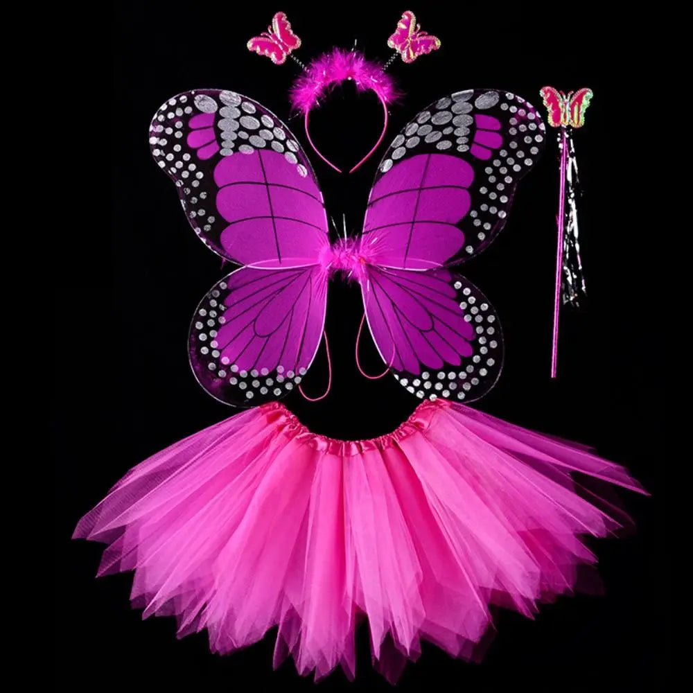 Simulation Butterfly Wings Pointed Tutu Skirt Headband Wand Adult Kids 3/4Pcs Fairy Costume Set Princess Girls Party Gift Oasis Select Rose-4 pcs-set