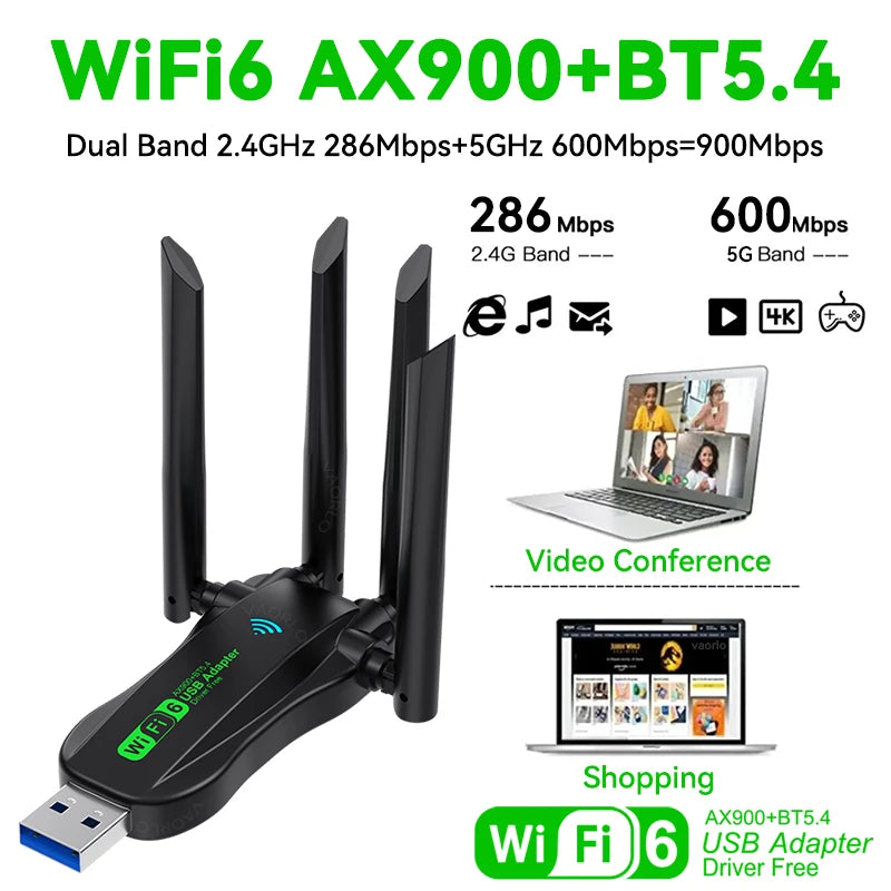 WIFI6 AX900 USB WiFi Bluetooth 5.4 Wireless Adapter Dual Band 2.4G+5GHz 4 Antennas 900Mbps Network Card Receiver For WIN 10/11 Oasis Select