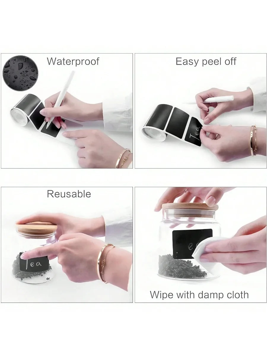 Black Waterproof Reusable Label Stickers With White Chalk For Mason Jars, Craft Room, Storage Spaces, Glass Bottles,Organization Oasis Select