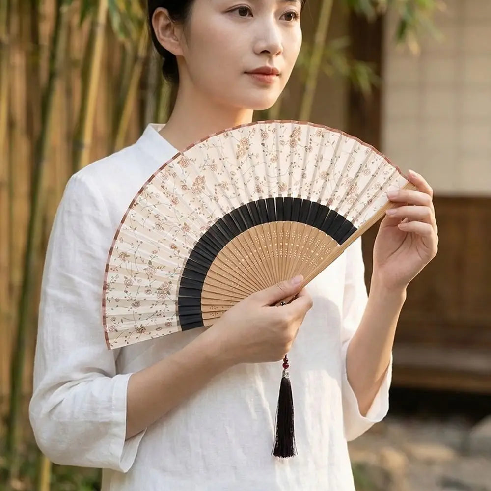 Costume Accessory Portable Folding Fan Classical Vintage Chinese Style Fan with Tassel Decorative Bamboo Fan Dance Performance Oasis Select