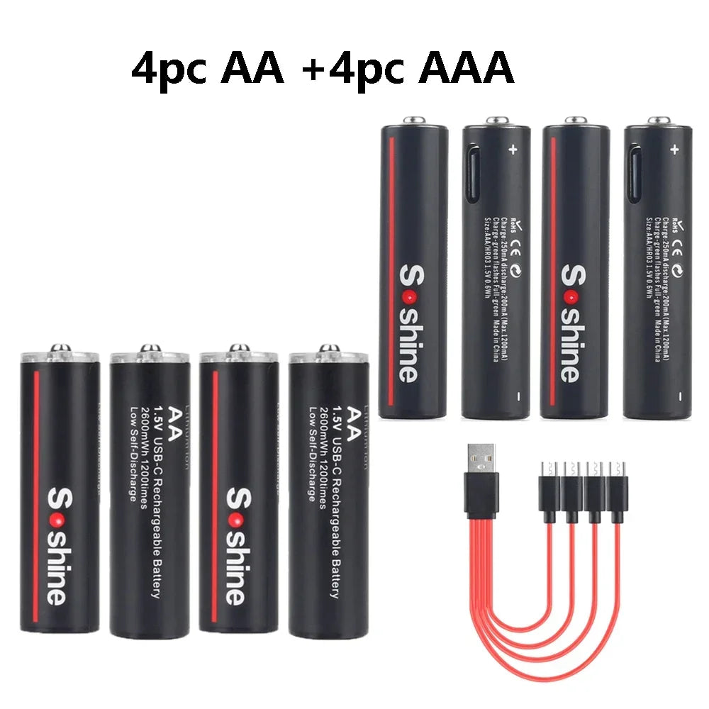 Soshine USB Lithium-ion 600mWh 1.5V AAA Rechargeable Batteries+2600mWh 1.5V AA Battery Li-ion AA and AAA Rechargeable Batteries Oasis Select 4pc AAAand AA 1.5V