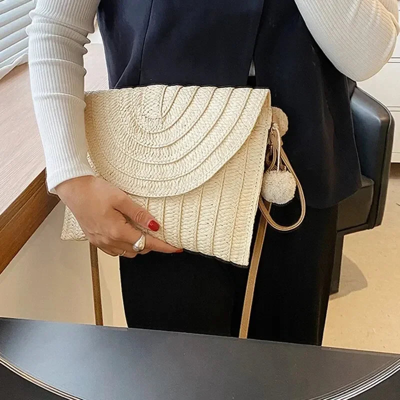 Handmade Straw Beach Shoulder Crossbody Bag Girls Envelope Woven Summer Small Hair Ball Cluth Oasis Select