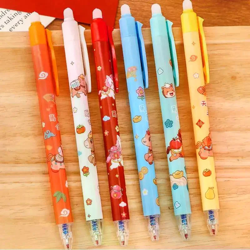 3Pcs Cute Cartoon New Year's Pony Erasable Pen Press Magic Brush Gel Pen Student Stationery Supplies New Year Stationery Gifts Oasis Select