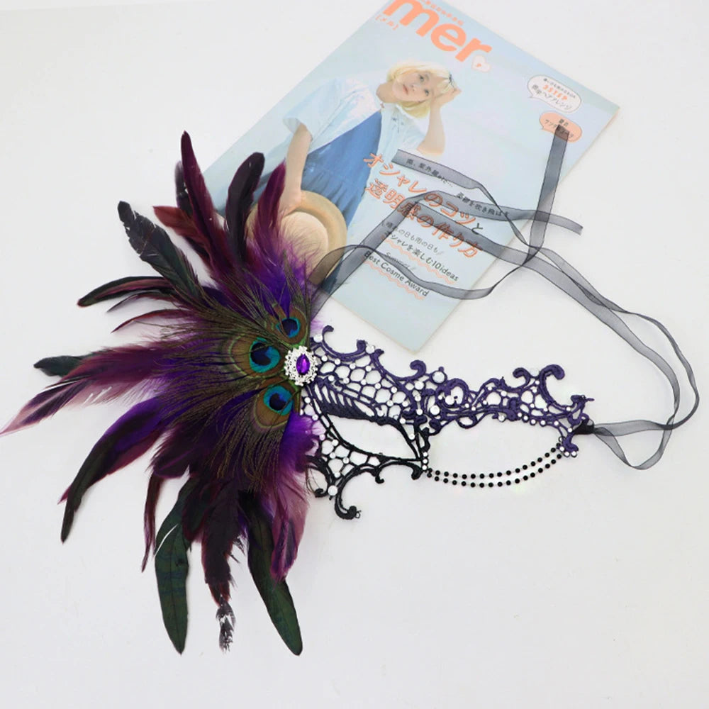 Feathers Design Half-Face Lace Mask Seductive Style Masquerade Feather Mask Fancy Prom Cosplay Masquerade Mask Oasis Select Black purple