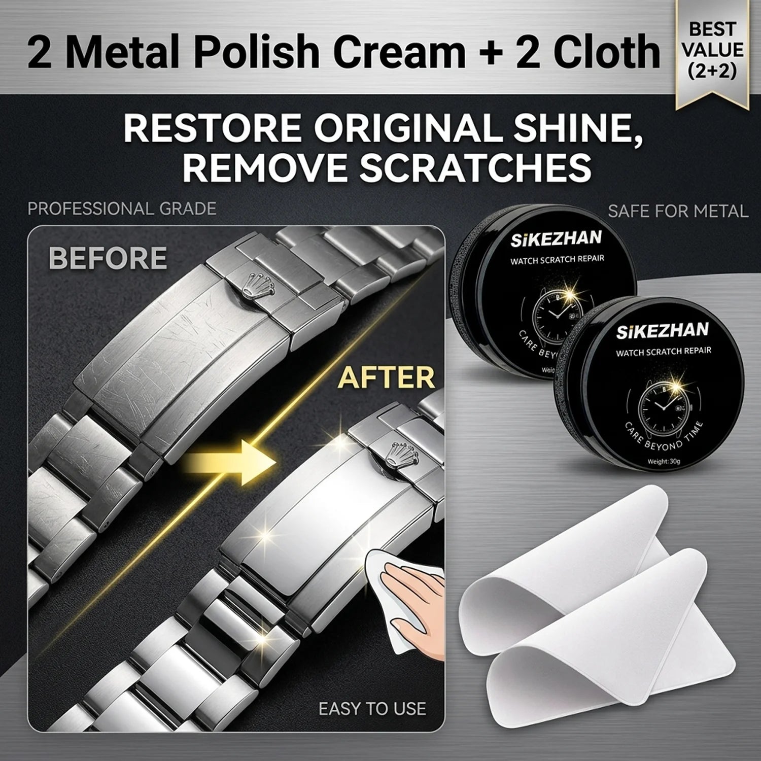 Expert Watch Polish Cream Scratch Remover Kit with Cloth for Stainless Steel Gold Silver Metal Jewelry Mirror Finish Repair Tool Oasis Select