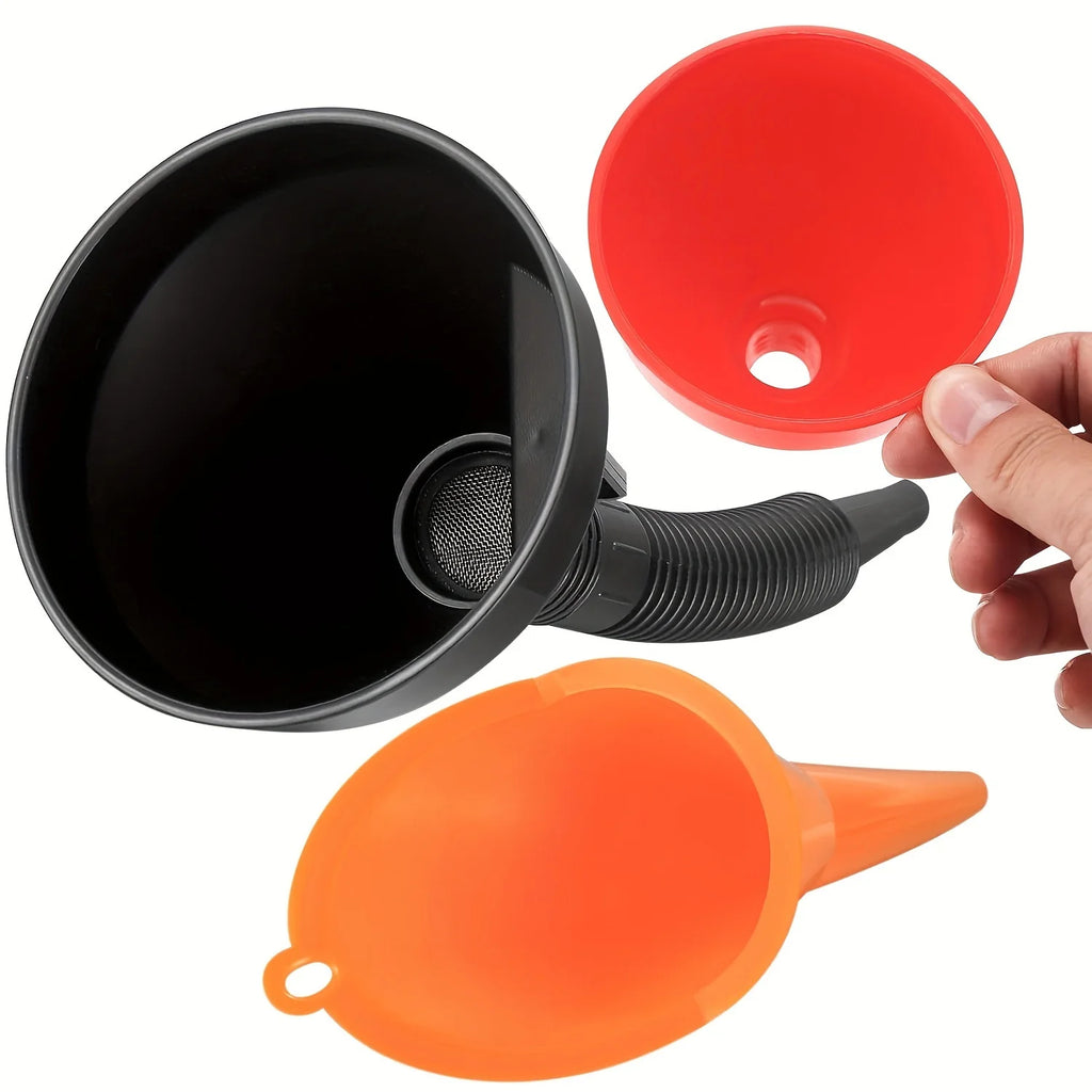 Funnel-3 piece car or motorcycle funnel set - plastic oil funnel right angled funnel - detachable nozzle and filter Oasis Select