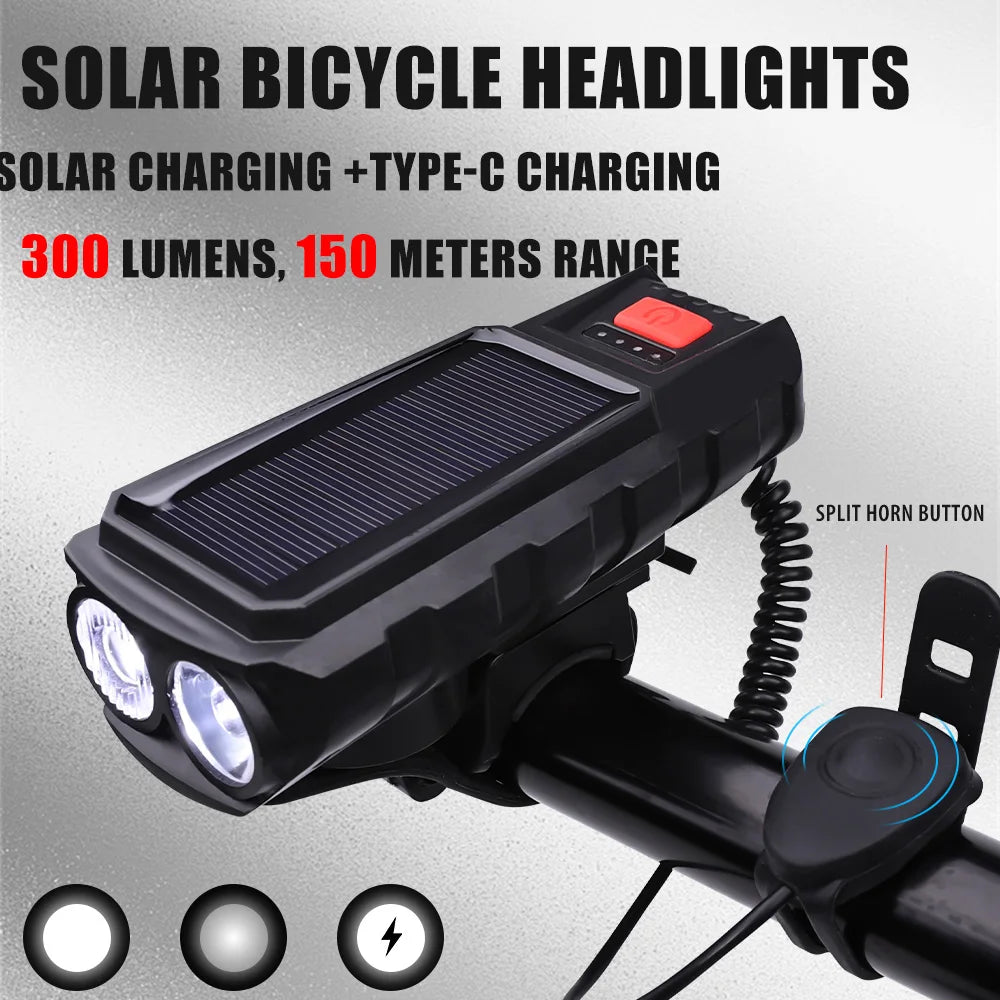 Solar Bicycle Front Light TYPE-C Rechargeable MTB Road Bike Front Light Flashlight 120dB with Horn Flashlight Bicycle Light Oasis Select