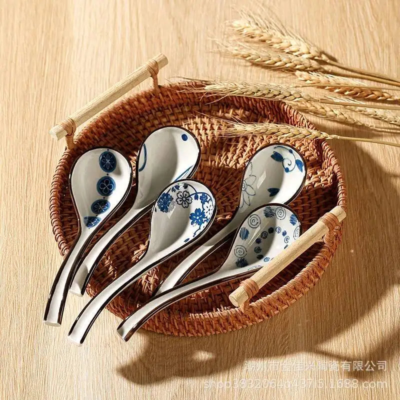 Japanese Blue And White Ceramic Spoon Extended Length For Soup And Noodle Serving Kitchen Tablewear Oasis Select