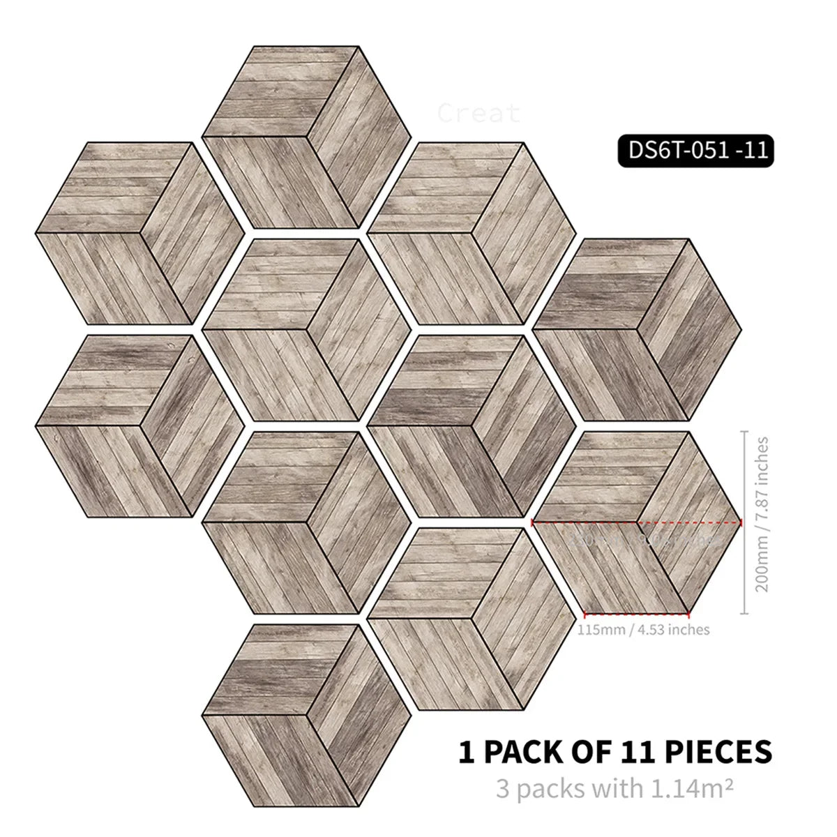 Marble wood grain self-adhesive hexagonal floor stickers waterproof home decoration hexagonal art Mosaic floor stickers Oasis Select DB-6T11P-051-CM 20cm x 23cm 11pcs