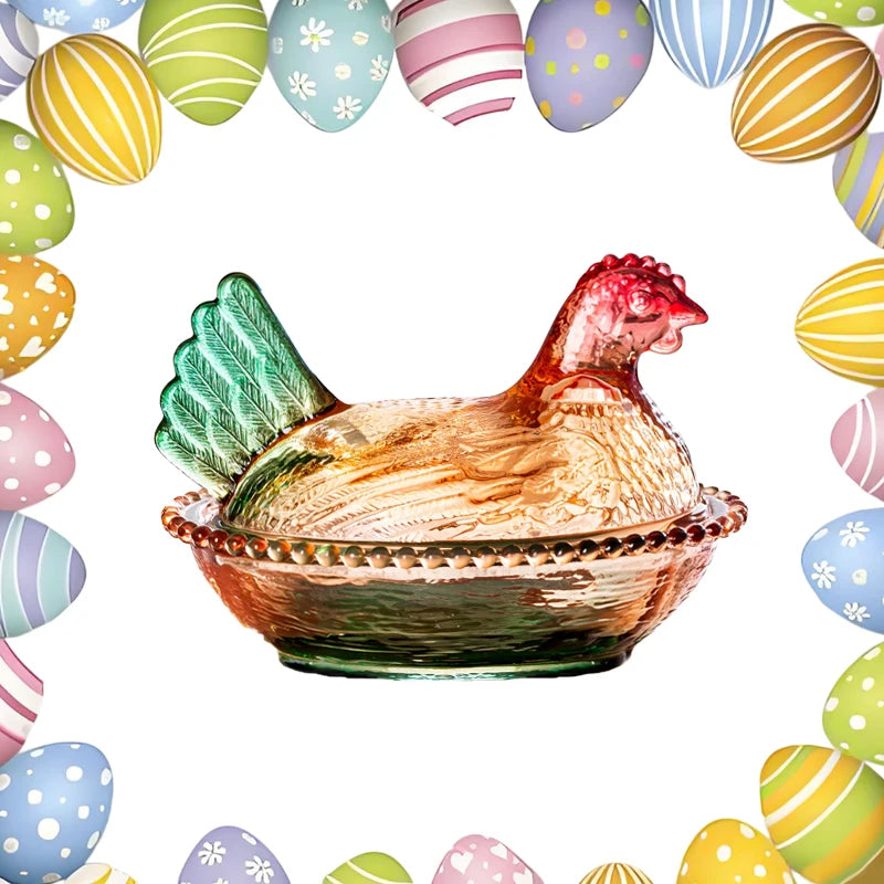 SXH Hen Glass Dish Crystal Glasses Candy Dish With Lid Hen-Shaped Chicken Fruit Bowl Dessert Snacks Plate Retro Bowl Jar Oasis Select A