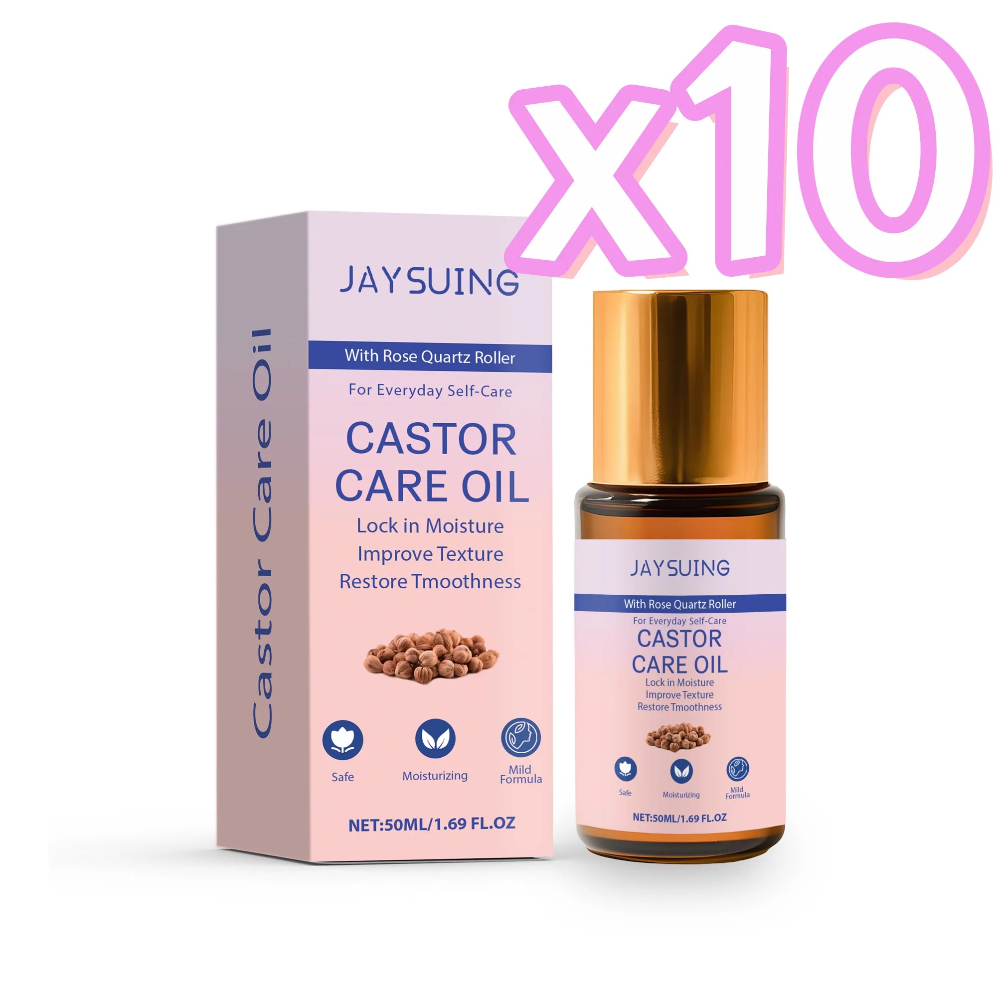 Natural Organic Castor Oil With Rose Quartz Roller Skin Care Essential Oil Moisturize Nourish Skin Barrier Hair Growth Products Oasis Select 50ml boxed x 10