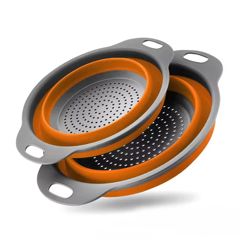Silicone Folding Drain Basket Fruit Vegetable Washing Basket Foldable Strainer Colander Collapsible Drainer Kitchen Storage Tool Oasis Select Orange L-24x29cm