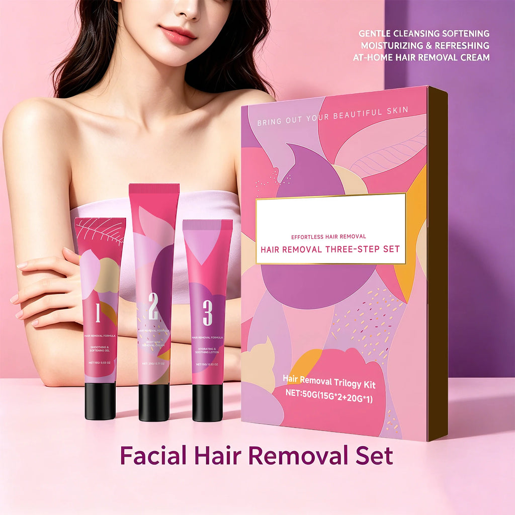 Facial Hair Removal 3-Step Set for Sensitive Skin Gentle Painless Depilatory Care Before and After Hair Removal Soothing Lotion Oasis Select