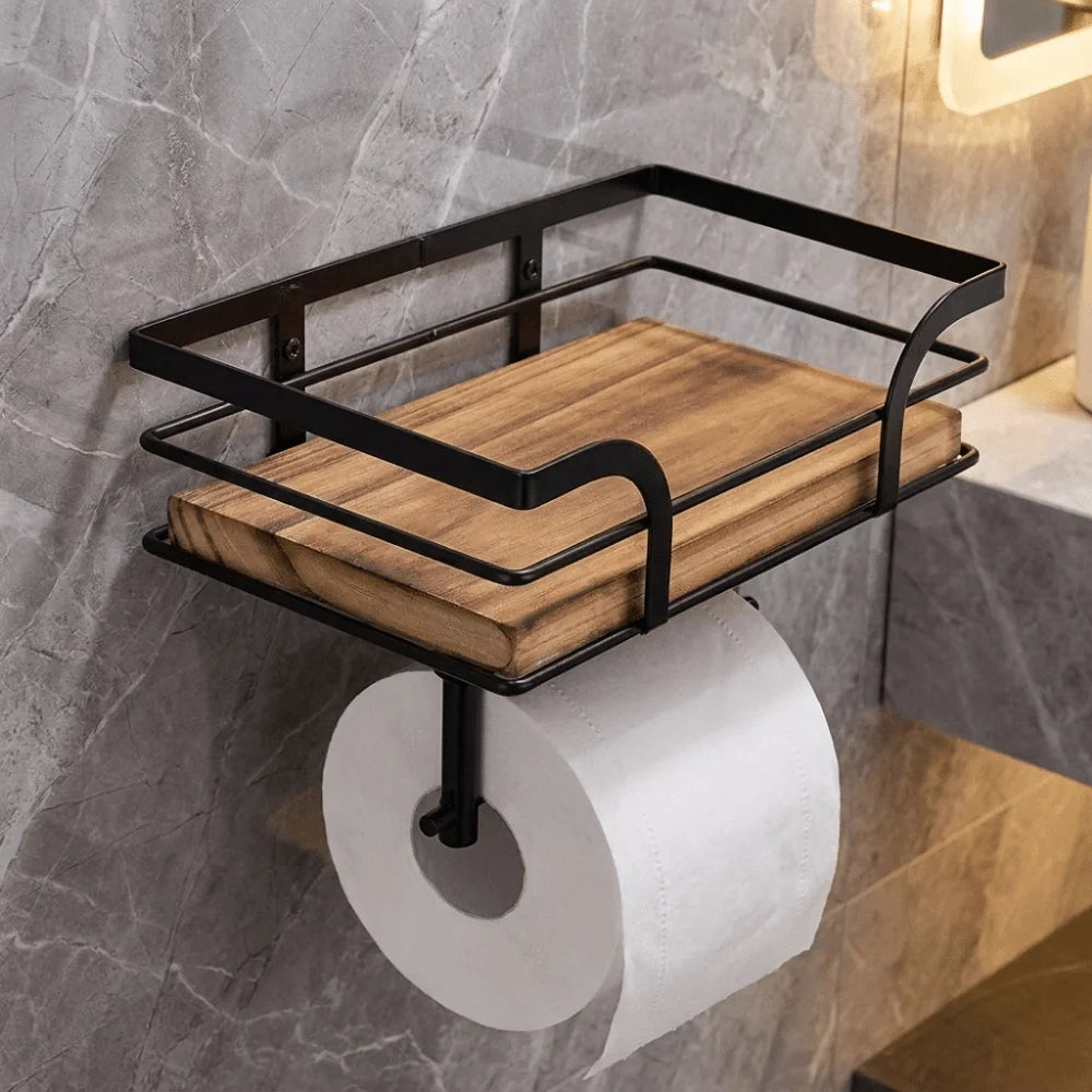 Rustic Wood & Iron Wall-Mounted Toilet Paper Holder with Shelf