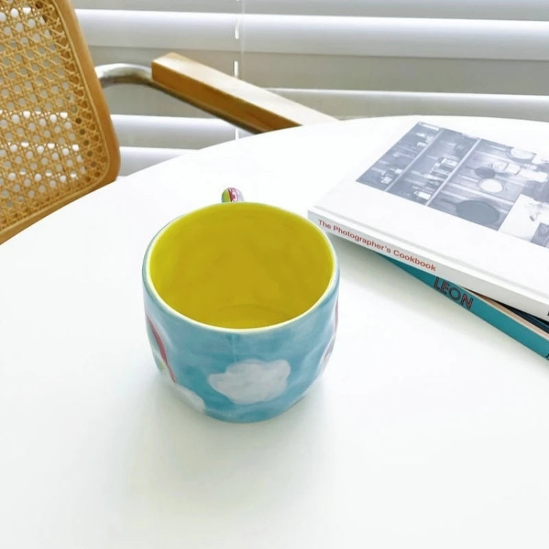 Ceramic Mug Espresso Coffee Cup Hand Drawing Underglaze Color Small Flower Rainbow Grid Ceramic Mug Breakfast Milk Tea Cups Oasis Select