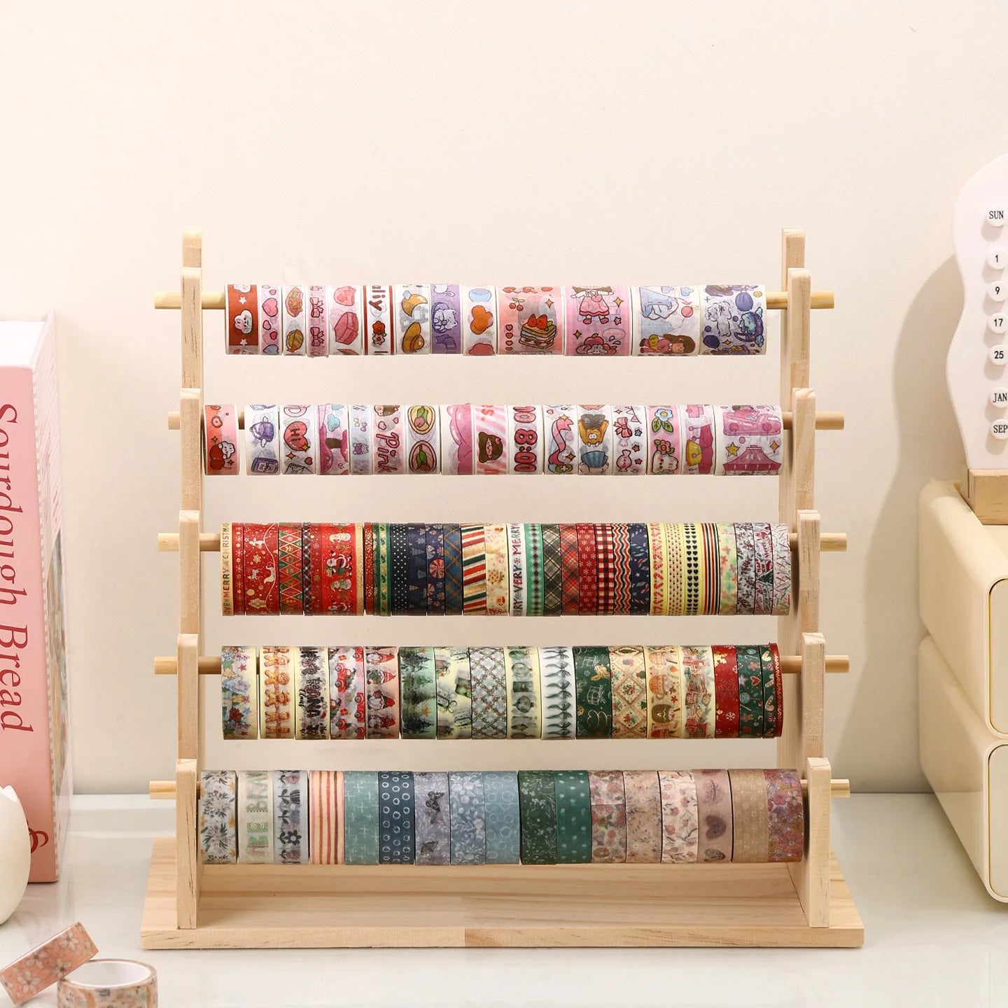 1pc multifunctional wooden tape and sticker storage rack suitable for necklace organizer for office desktop storage display rack Oasis Select