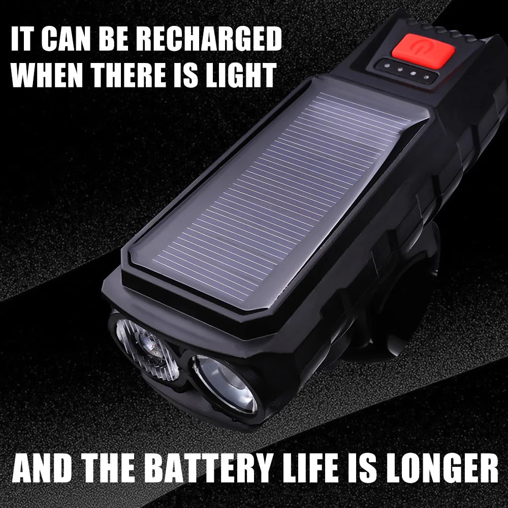 Solar Bicycle Front Light TYPE-C Rechargeable MTB Road Bike Front Light Flashlight 120dB with Horn Flashlight Bicycle Light Oasis Select