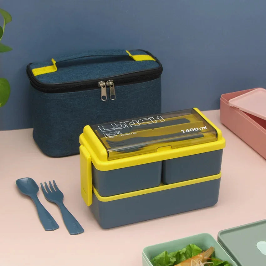 Double Layer Lunch Box with Storage Bag Leakproof Student Microwave Dinnerware Set with Fork Spoon Food Snack Storage Container Oasis Select