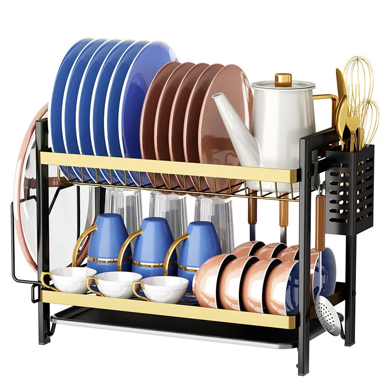 Kitchen Dish Drain Rack Double-layer Tableware Storage Rack Tableware Shelf Drain Basket Sink Dishwasher Dish Rack Oasis Select 2-Black Gold CH