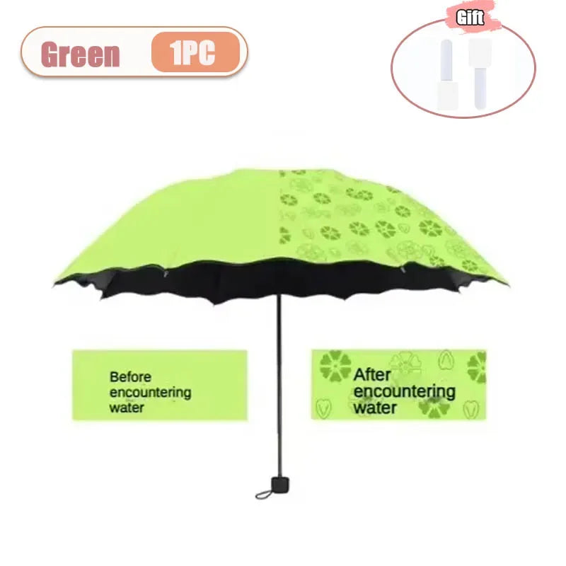 Portable Creative Water Flowering Umbrella Manual Black Coating UV Protection Sun Rain Dual Use Folding Parasol Oasis Select metal-fiber composite 8K Green-1PC