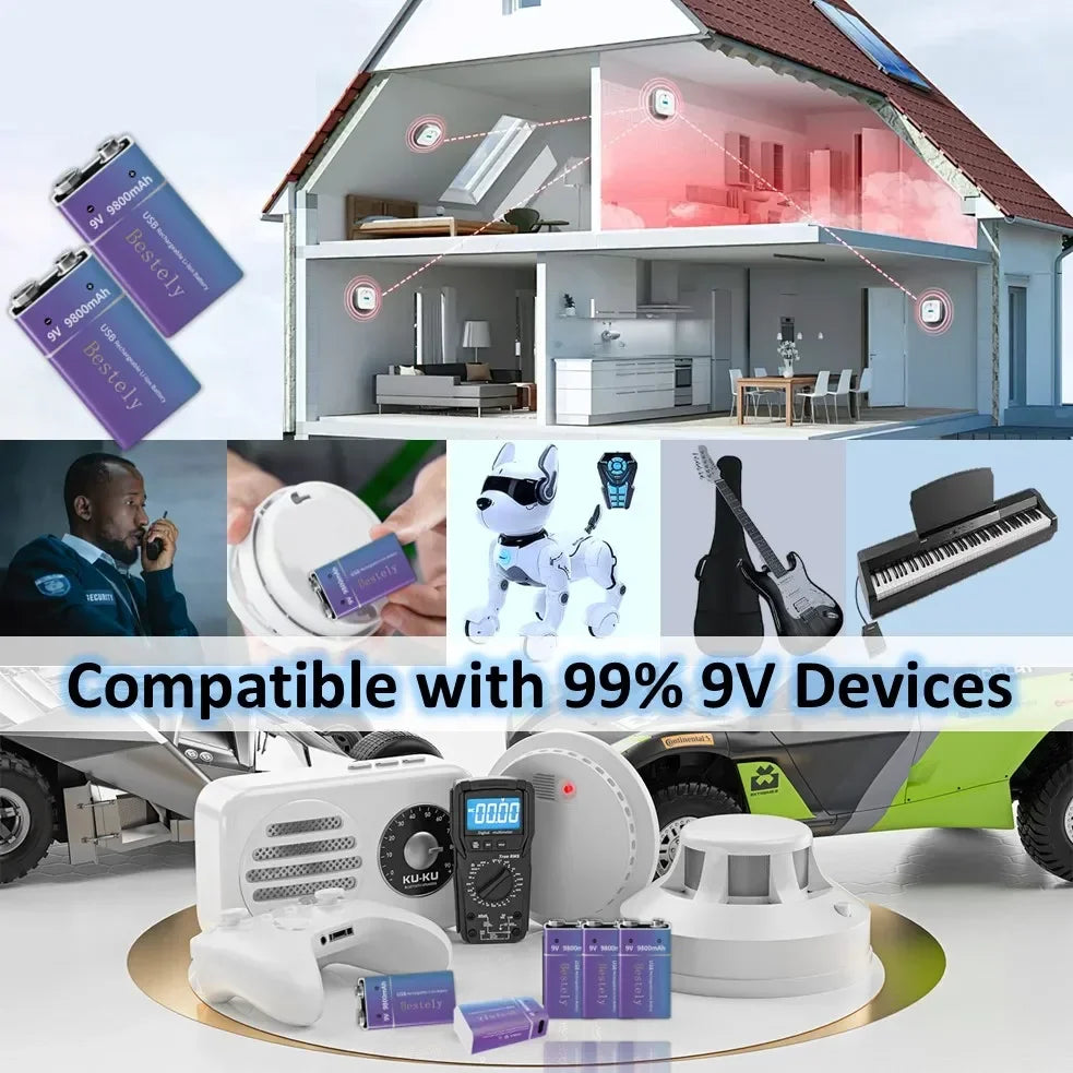 9V Rechargeable Li-ion Battery 9800mAh PP3 6F22 6LR61 006P USB Charging For Smoke Detector Alarm Microphone Toy Oasis Select