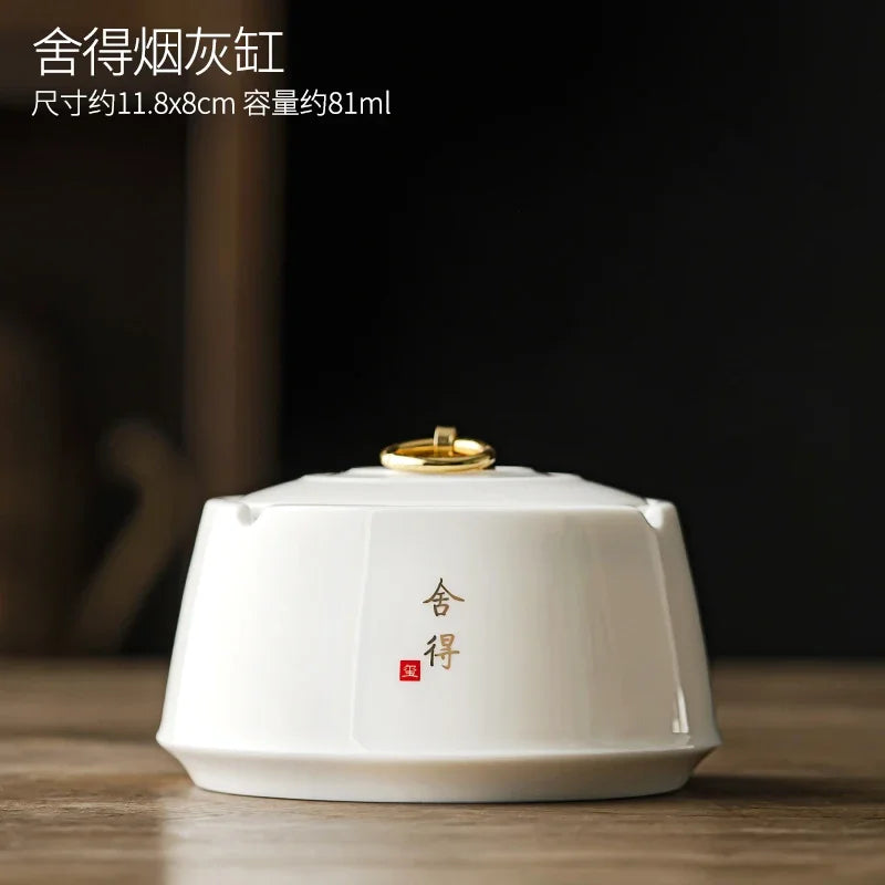 Sheep Fat Jade Ashtray Simple Article with Cover Fly Ash White Porcelain Ashtray Decoration for Household Living Room Ashtray Oasis Select D