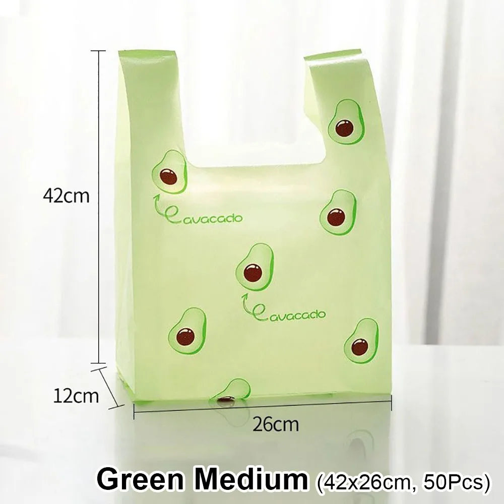 50Pcs Cute Fruit Plastic Bag Vest Bag Carry Out Bags With Handle Supermarket Shopping Takeaway Packaging Bag Home Storage Bag Oasis Select 50Pcs Green M