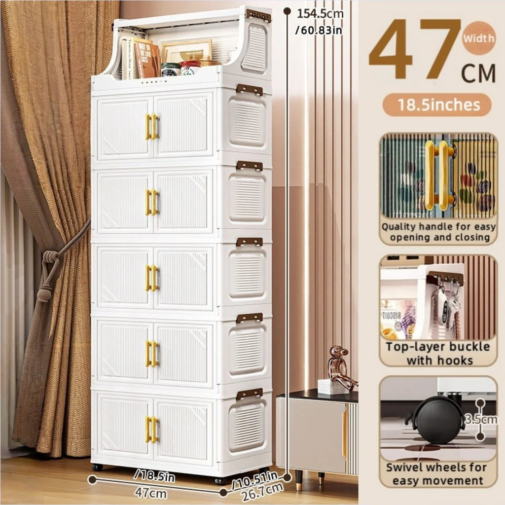 Large Foldable Flip-Top Transparent Storage Cabinet with Wheels - Space-Saving Mobile Organizer for Kitchen Bedroom Living Room Oasis Select 6 Tiers White