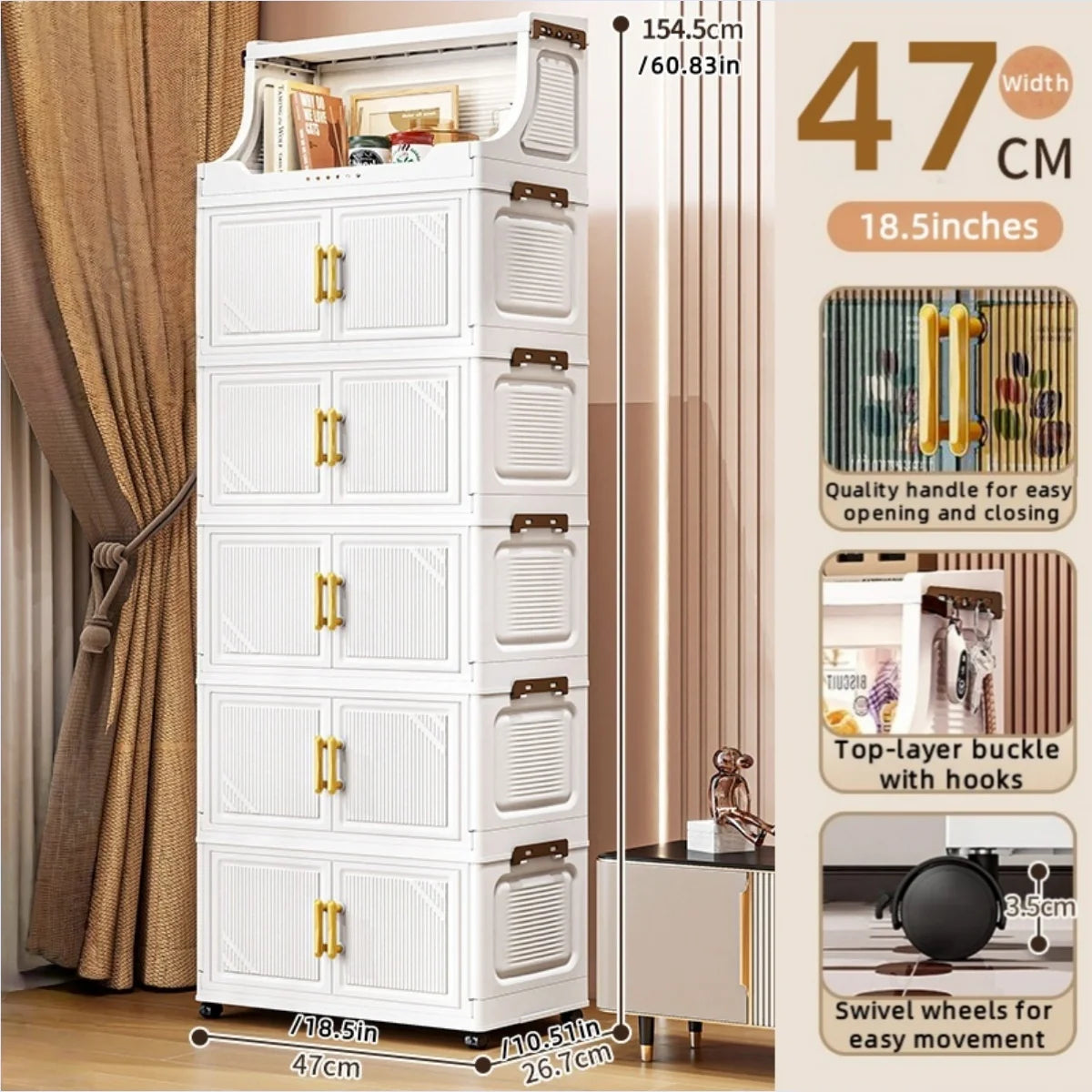 Large Foldable Flip-Top Transparent Storage Cabinet with Wheels - Space-Saving Mobile Organizer for Kitchen Bedroom Living Room Oasis Select 6 Tiers White
