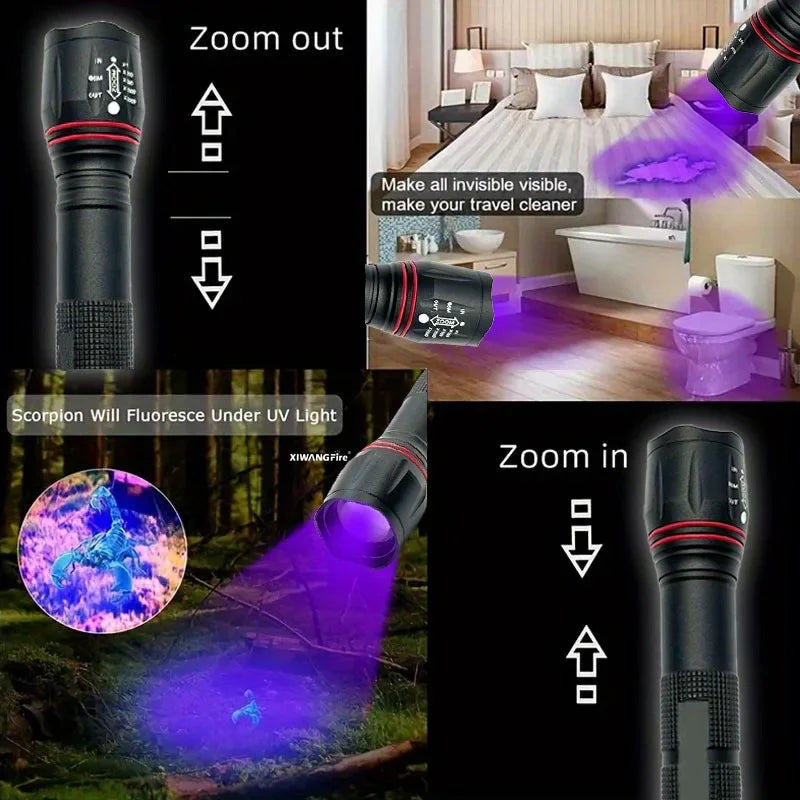 395nm LED UV Flashlight Rechargeable Zoomable Torch Light for Pet Urine Stain Detector Tools Lantern Money Fluorescer Detector Oasis Select