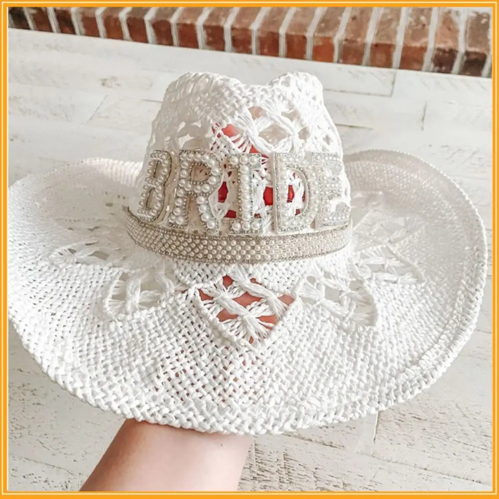 Rhinestone Letter Bride Groom Cowboy Hat Hollow Wide Brim Cowgirl Hat Crochet Western Cowboy Hat For Wedding Bachelorette Party Oasis Select