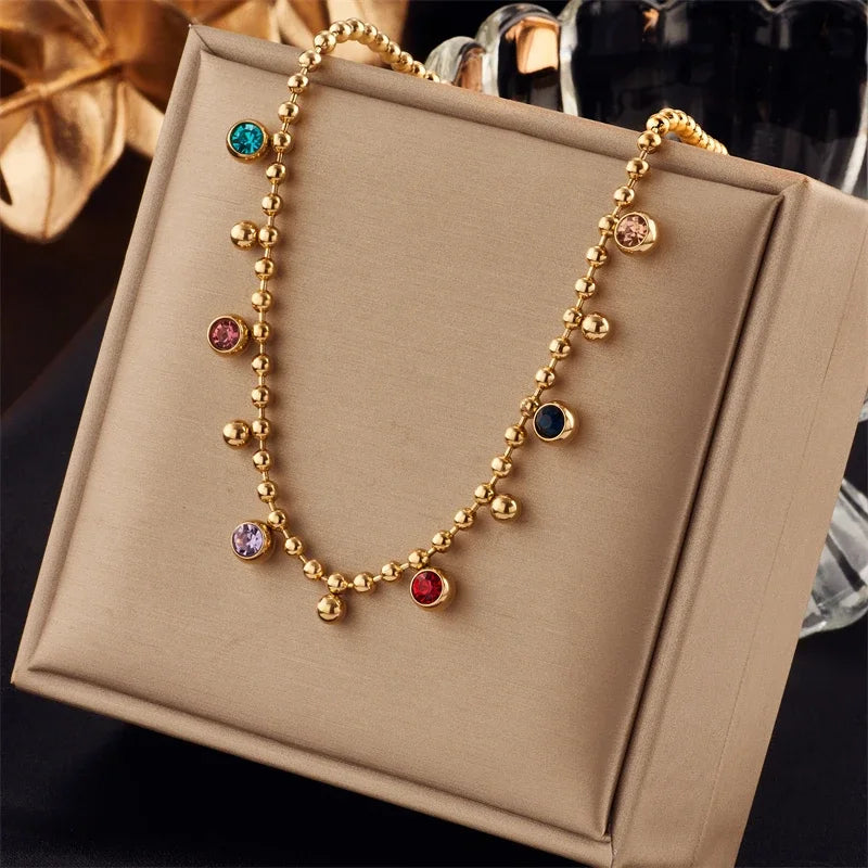 Stainless Steel Woman Necklace New Style Colorful Crystal Decoration Female Necklaces Bohemian Lady Jewelry Gifts Oasis Select No box