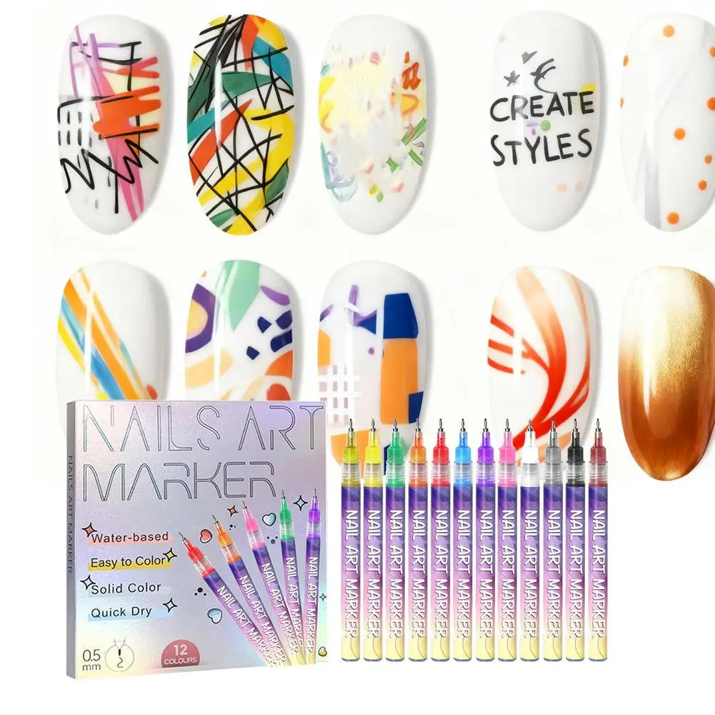 12-Piece Nail Art Graffiti Pens – Waterproof Quick-Dry Markers
