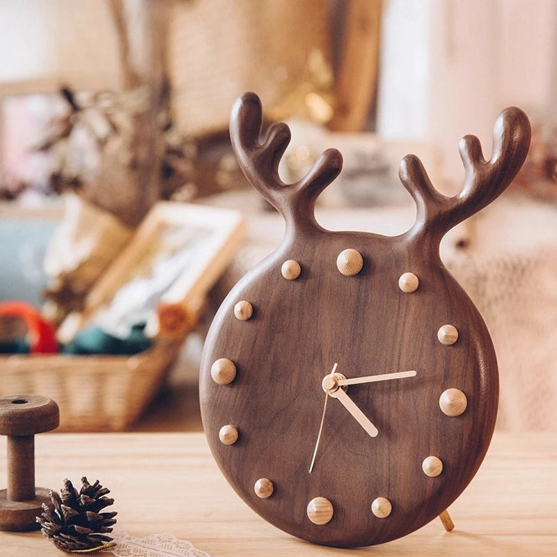 Nordic Solid Wood Table Clock Can Be Hung on The Wall Japanese Modern Ornament Clock with Simple Antlers Oasis Select