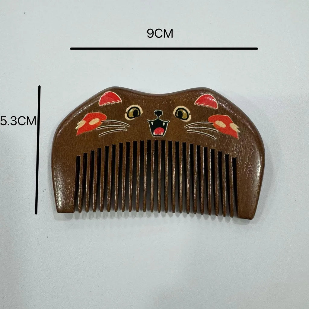 Handcrafted Sandalwood Hair Comb – Carved Cat Design | Portable