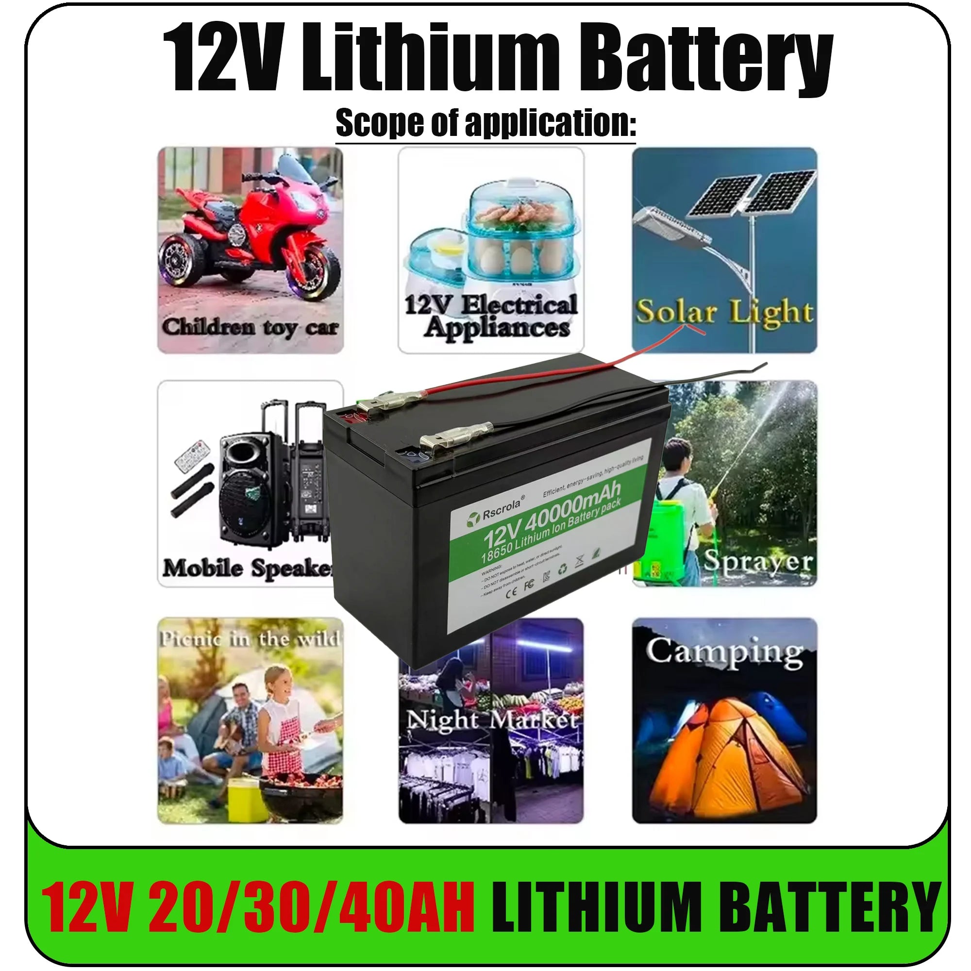 Black 12V Battery 40Ah 30Ah 20Ah 18650 Lithium Battery Pack Sprayer Built-in High Current BMS Electric Vehicle Battery Oasis Select